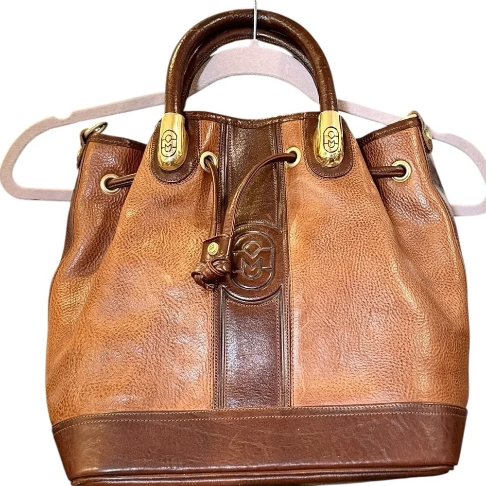 Marino Orlandi Brown Pebbled Leather Bucket Bag Gold Hardware